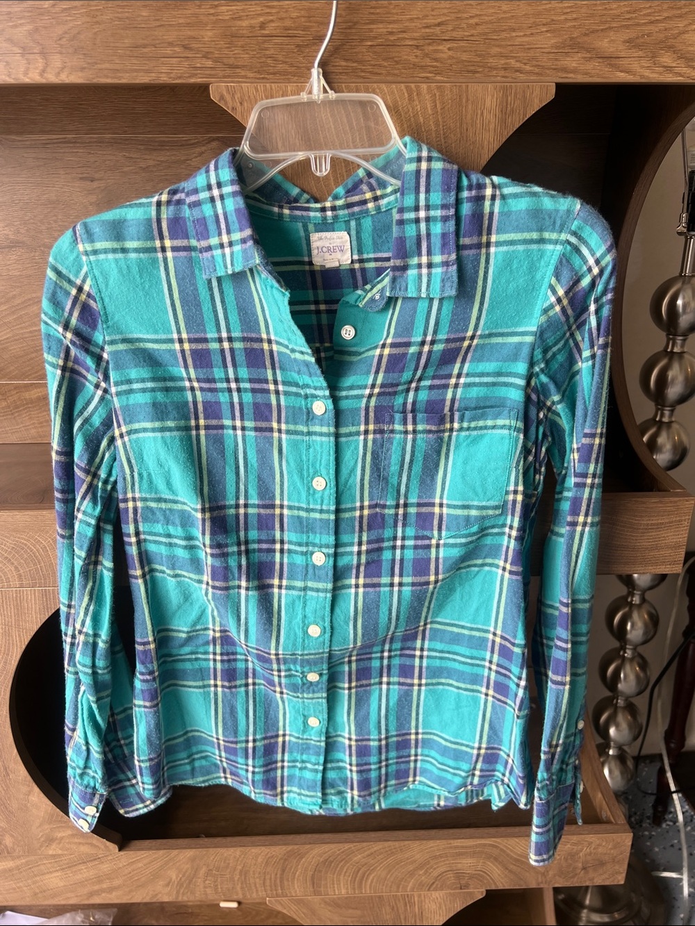 J. Crew Teal and Navy Plaid Flannel Button-Down Shirt